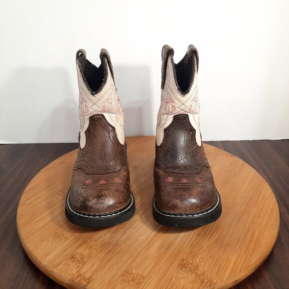 Justin Gypsy Girls Size 12 Boots Cream Brown Leather Pull On Western Cowgirl - Picture 2 of 10